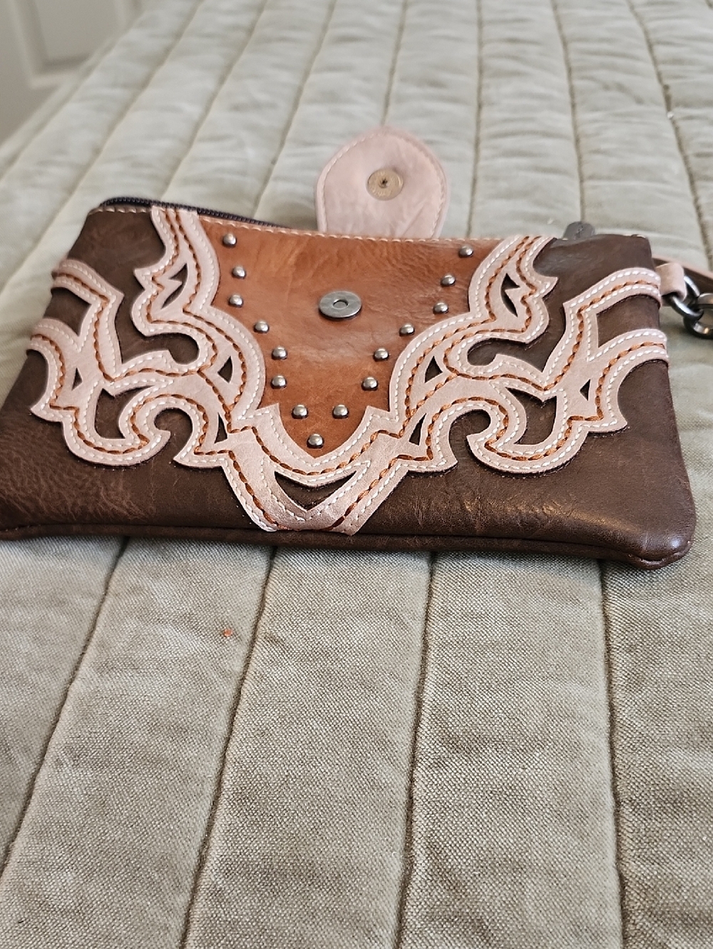 Montana West Brown and Light Pink Embroidered Leather Wristlet